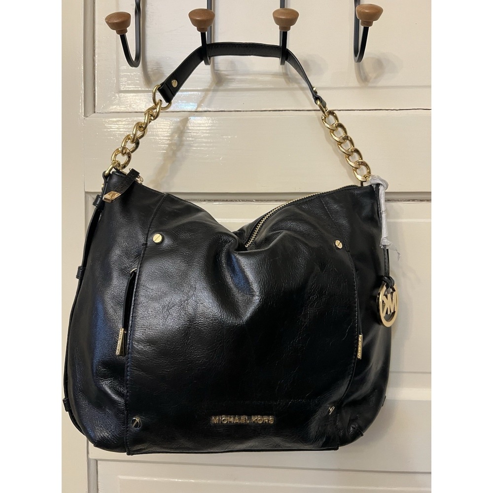 Michael Kors Black Leather Gold Chain Devon Large Shoulder Tote Bag Purse